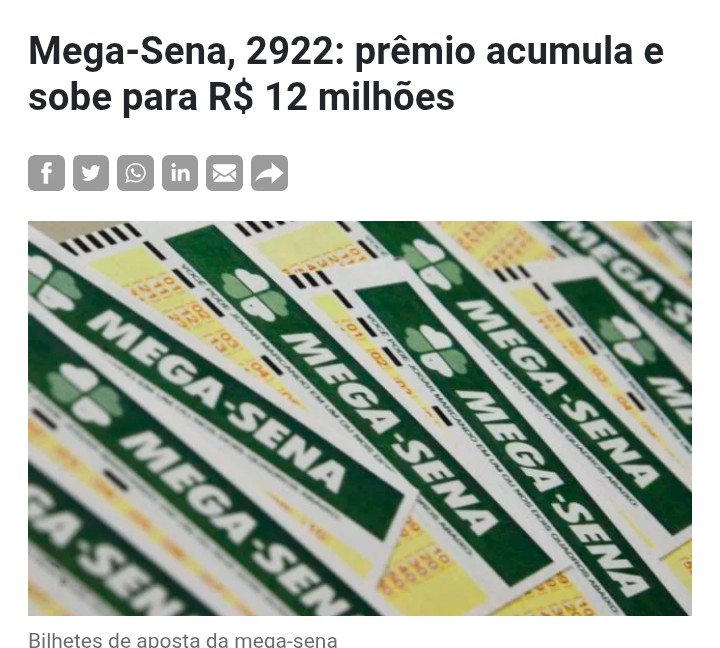 Mega-Sena, 2922: prêmio acumula e sobe para R$ 12 milhões